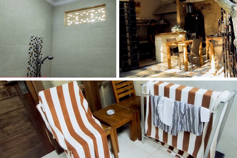 collage of picture from Duyung Homestay with shower, breakfast area and patio of room