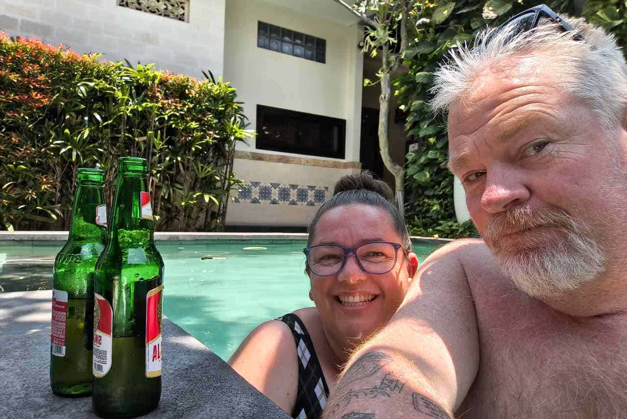 Mark and Bec Wyld enjoying cold drinks at Duyung Homestay Sanur Bali