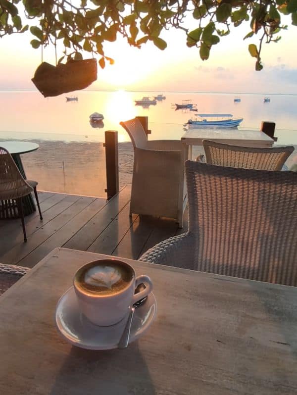 Latte coffee at Lemo Beach cafe Sanur Bali beachside coffee