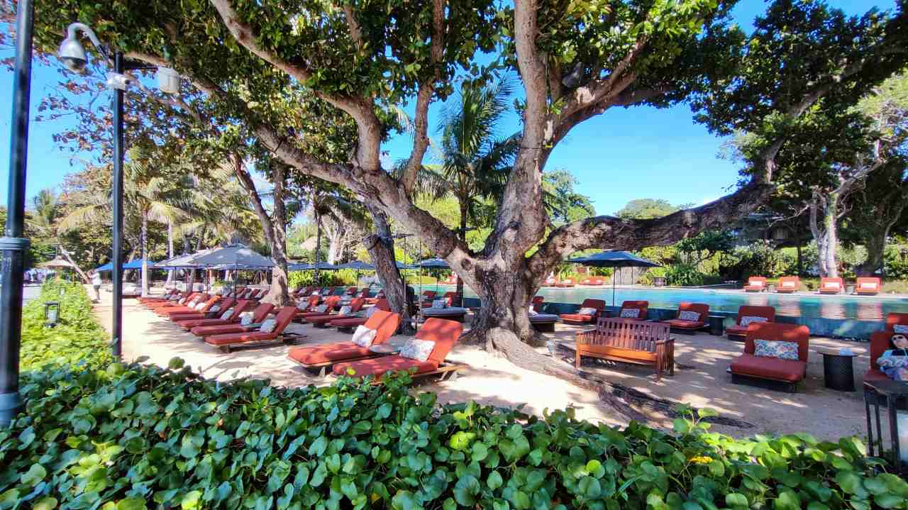 Sun lounges at Andaz Bali hotel Sanur things to do relaxing beachside holiday