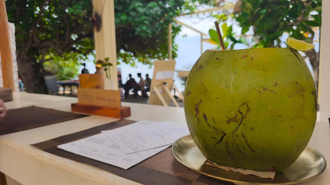 Fresh coconut drink on Sanur Beach Bali relaxing holiday destination