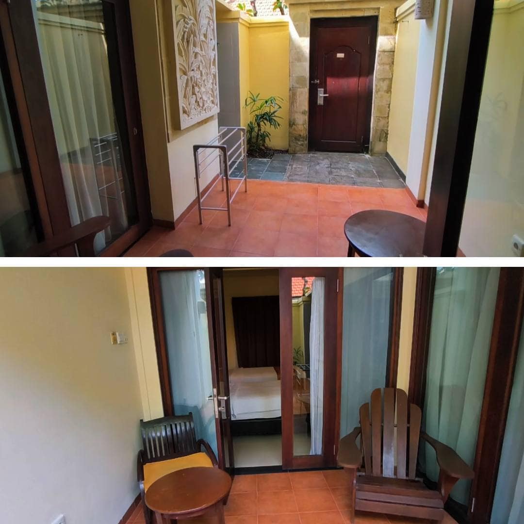 private courtyard outside ground floor room at Sari Villa Sanur Bali with outdoor shower and seating